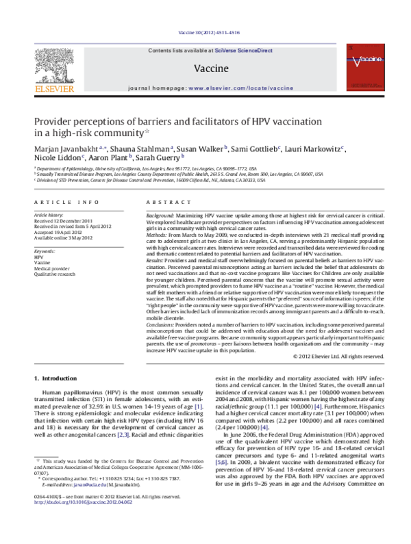 (PDF) Provider perceptions of barriers and facilitators of HPV ...