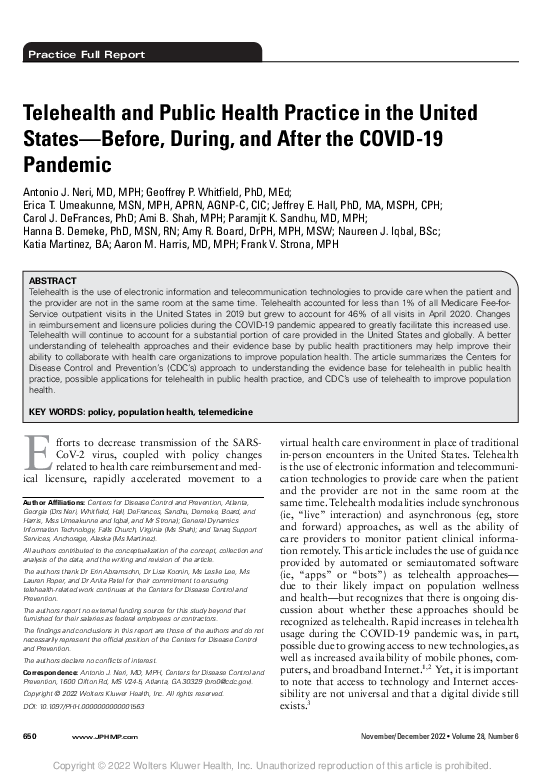 (PDF) Telehealth and Public Health Practice in the United States—Before ...