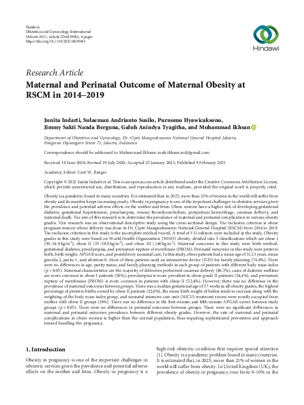(PDF) Maternal and Perinatal Outcome of Maternal Obesity at RSCM in ...