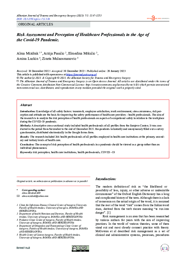 (PDF) Risk Assessment and Perception of Healthcare Professionals in the ...