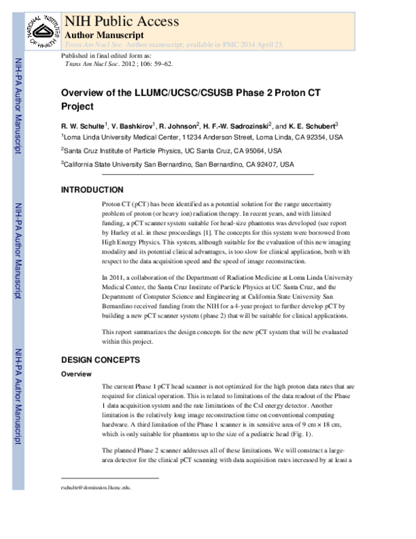 (PDF) Overview of the LLUMC/UCSC/CSUSB Phase 2 Proton CT Project