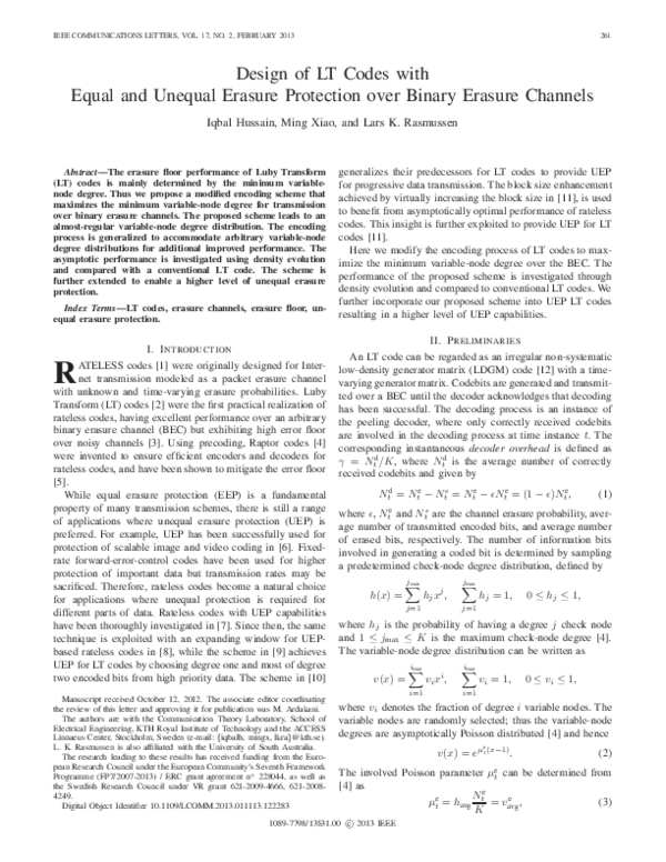 (PDF) Design of LT Codes with Equal and Unequal Erasure Protection over ...
