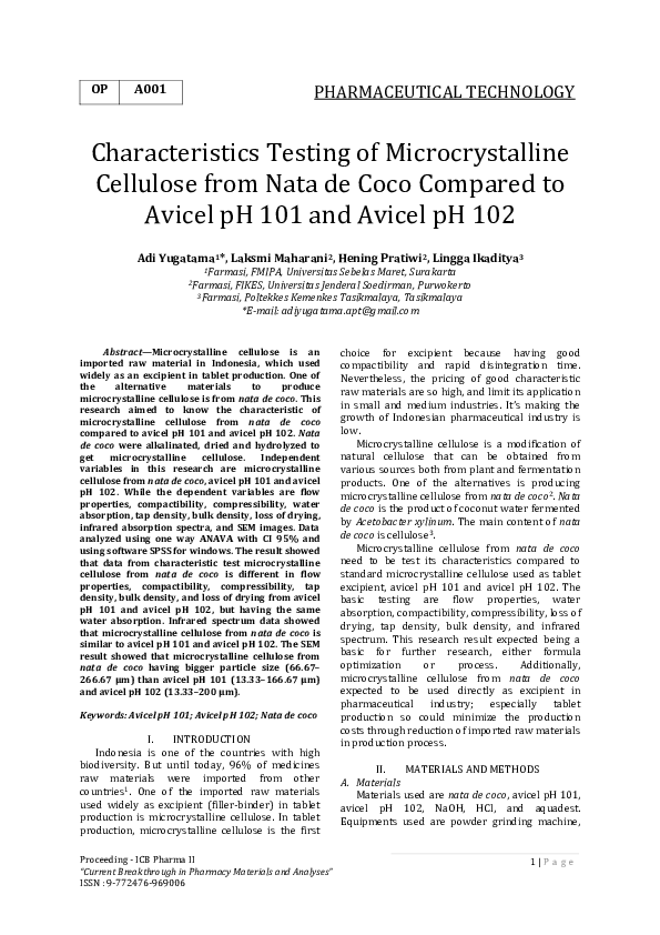 (PDF) Characteristics Testing of Microcrystalline Cellulose from Nata ...