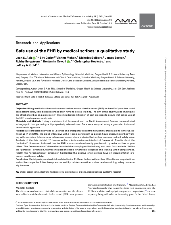 (PDF) Safe use of the EHR by medical scribes: a qualitative study