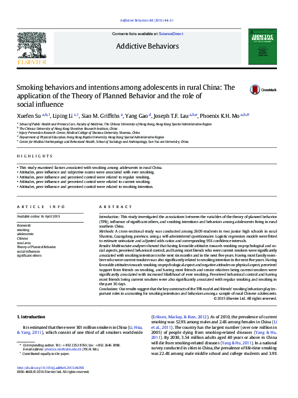 (PDF) Smoking behaviors and intentions among adolescents in rural China ...