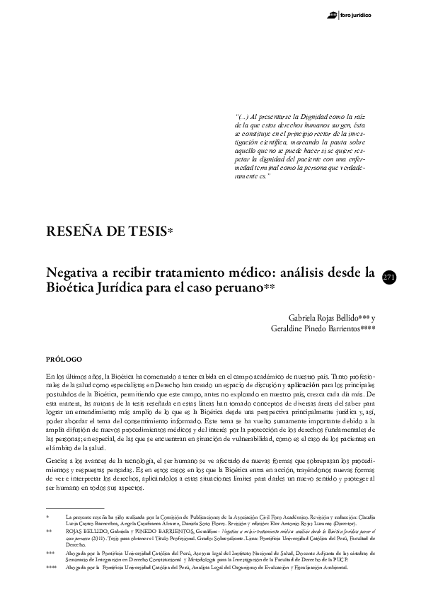 RESEÑA DE TESIS* Negativa a recibir tratamiento médico: análisis desde la Bioética Jurídica para el caso peruano**