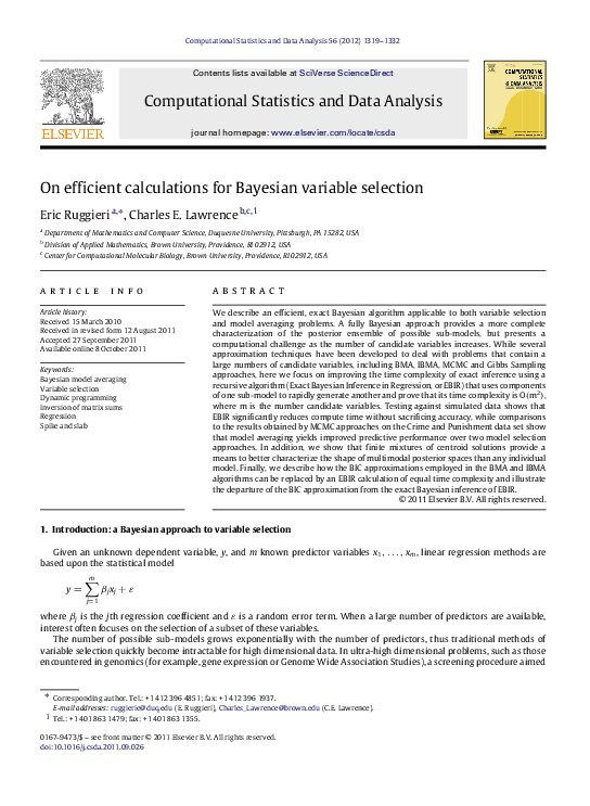 (PDF) On efficient calculations for Bayesian variable selection