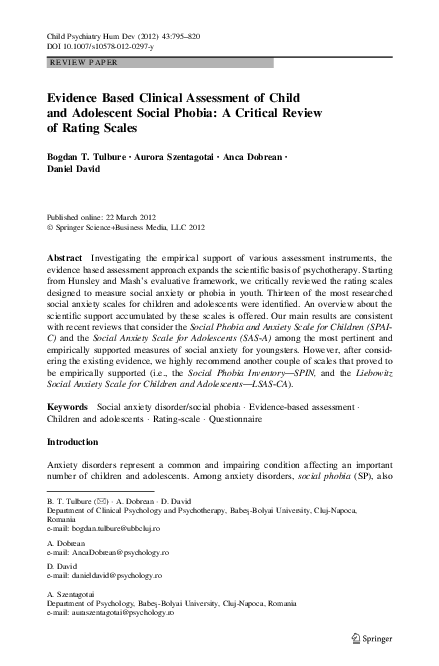 (PDF) Evidence Based Clinical Assessment of Child and Adolescent Social ...
