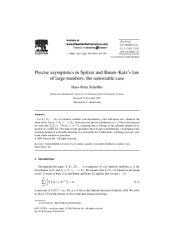 (PDF) Precise asymptotics in Spitzer and Baum–Katz's law of large ...
