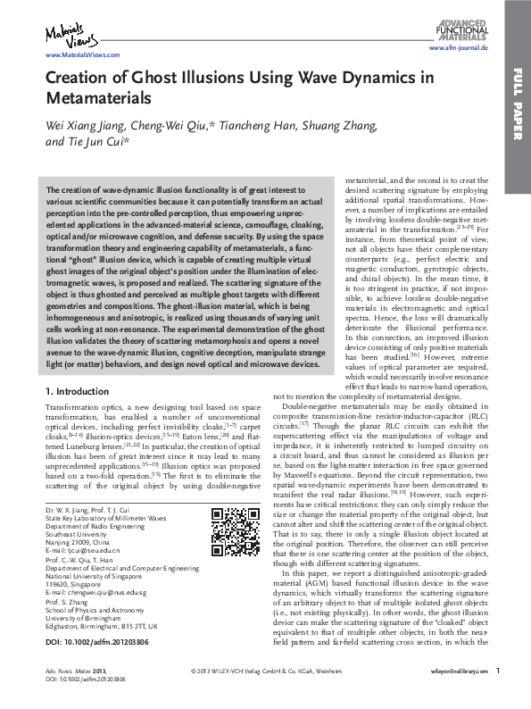 (PDF) Creation of Ghost Illusions Using Wave Dynamics in Metamaterials