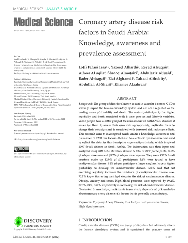 (PDF) Coronary artery disease risk factors in Saudi Arabia: Knowledge ...