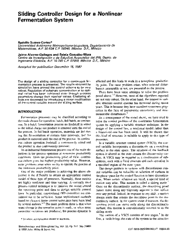 (PDF) Sliding controller design for a nonlinear fermentation system