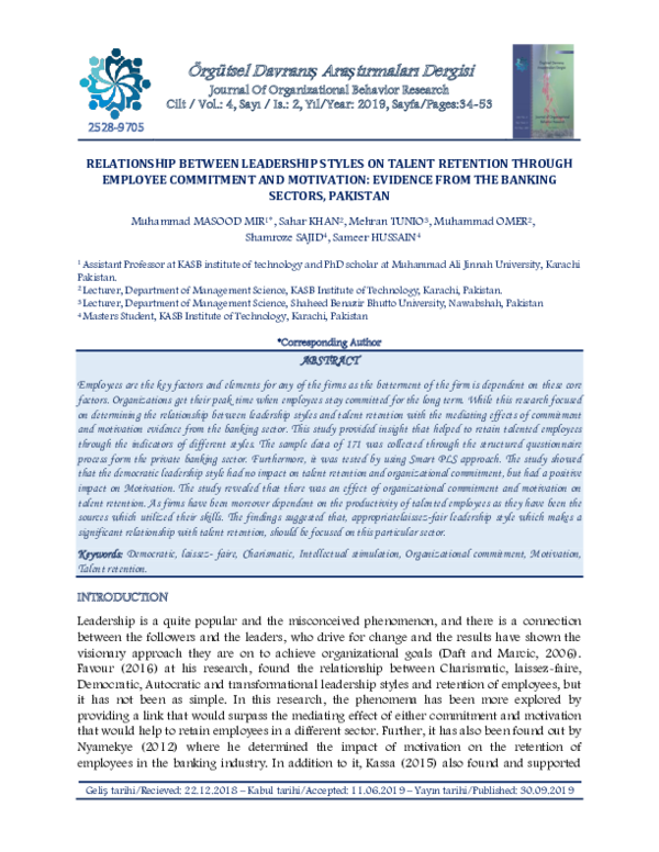 (PDF) Relationship Between Leadership Styles on Talent Retention ...