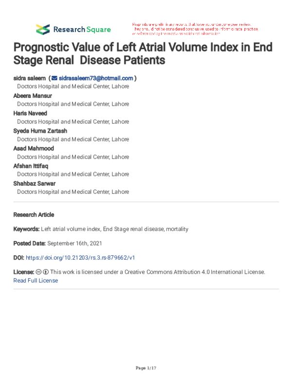 (PDF) Prognostic Value of Left Atrial Volume Index in End Stage Renal ...