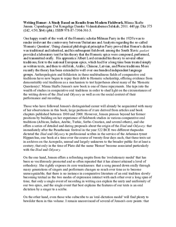 (PDF) Review of M.S. Jensen, Writing Homer: A Study Based on Results ...