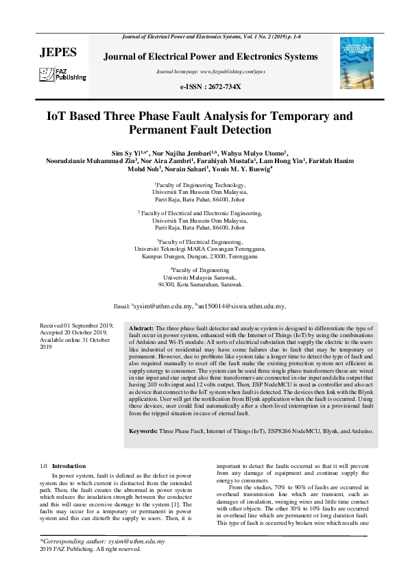 (PDF) IoT Based Three Phase Fault Analysis for Temporary and Permanent ...