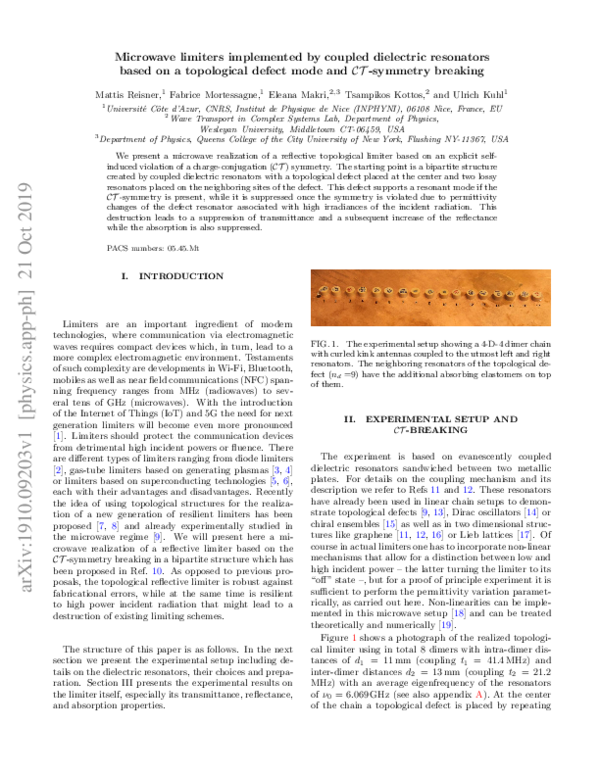 (PDF) Microwave Limiters Implemented by Coupled Dielectric Resonators