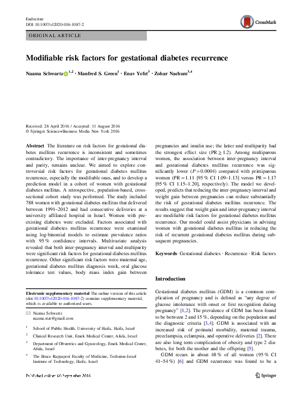 (PDF) Modifiable risk factors for gestational diabetes recurrence