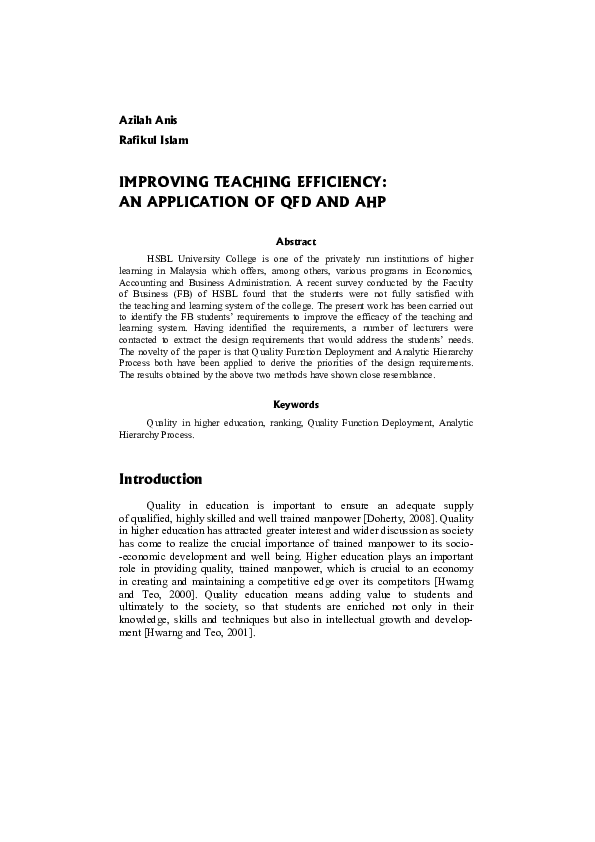 (PDF) Improving teaching efficiency: an application of QFD and AHP