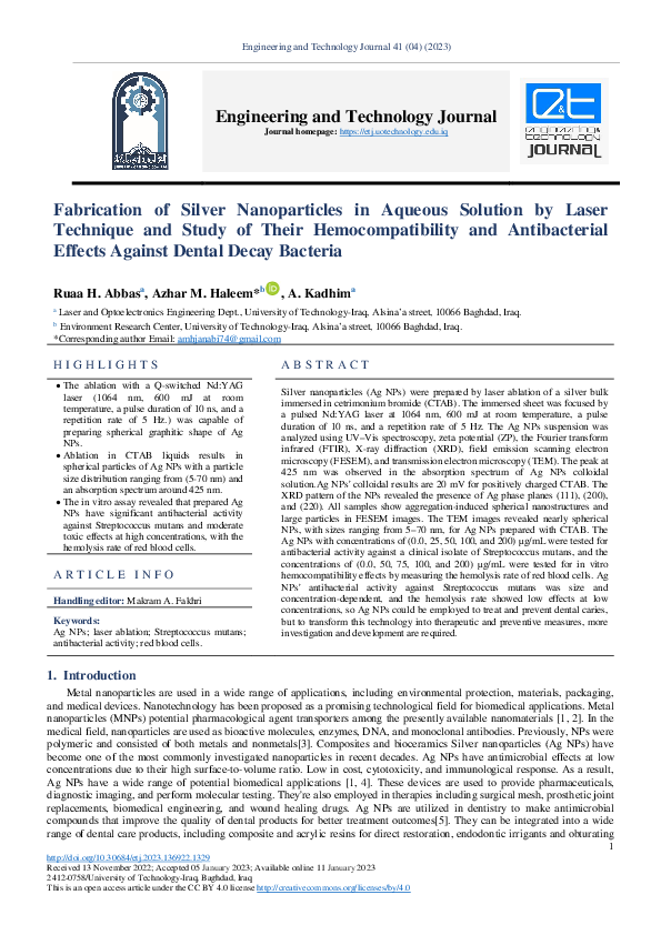 (PDF) Fabrication of Silver Nanoparticles in Aqueous Solution by Laser ...