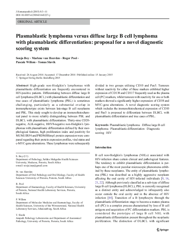 (PDF) Plasmablastic lymphoma versus diffuse large B cell lymphoma with ...