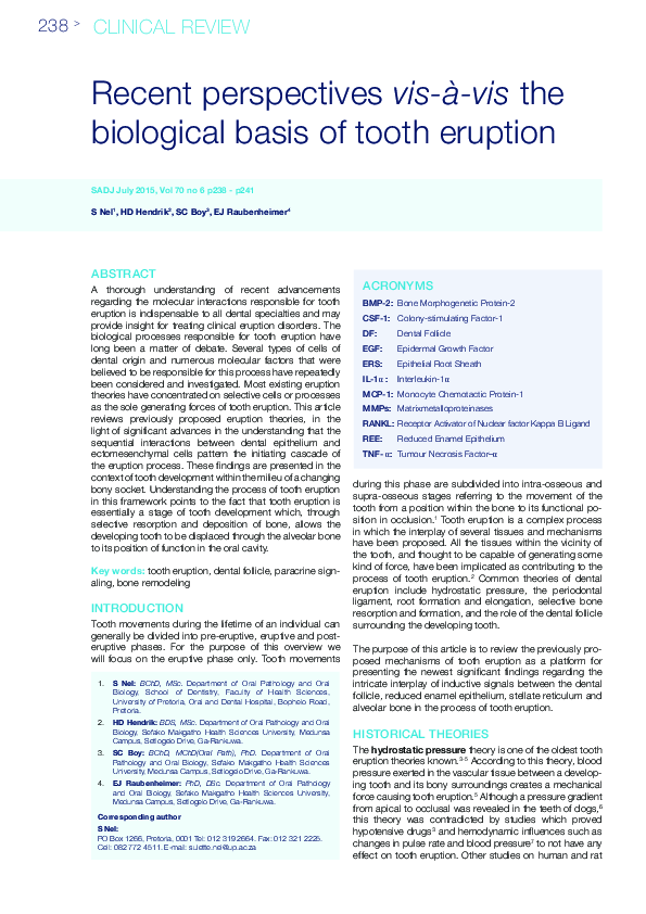 (PDF) Recent perspectives vis-à-vis the biological basis of tooth eruption