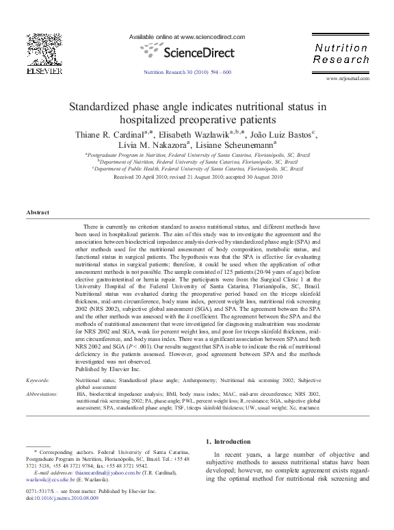 (PDF) Standardized phase angle indicates nutritional status in