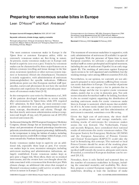 (PDF) Preparing for venomous snake bites in Europe | Kurt Anseeuw ...