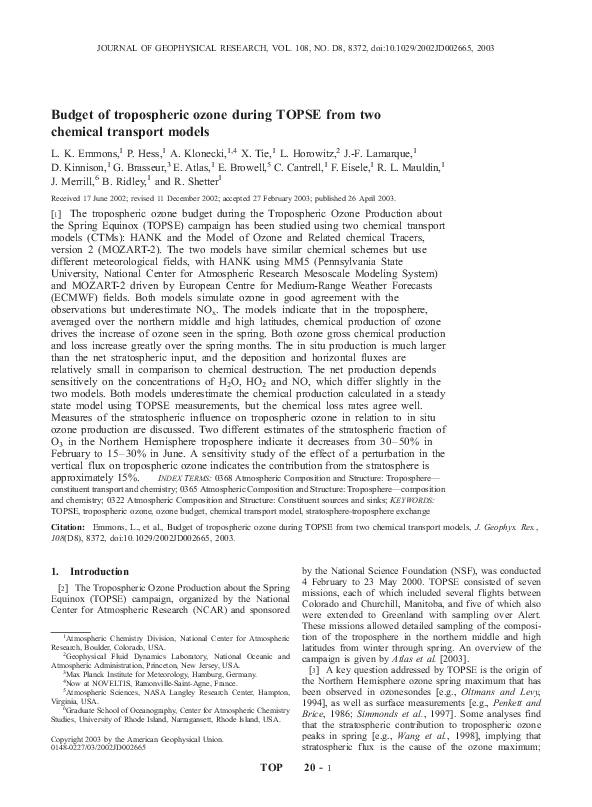 (PDF) Budget of tropospheric ozone during TOPSE from two chemical ...