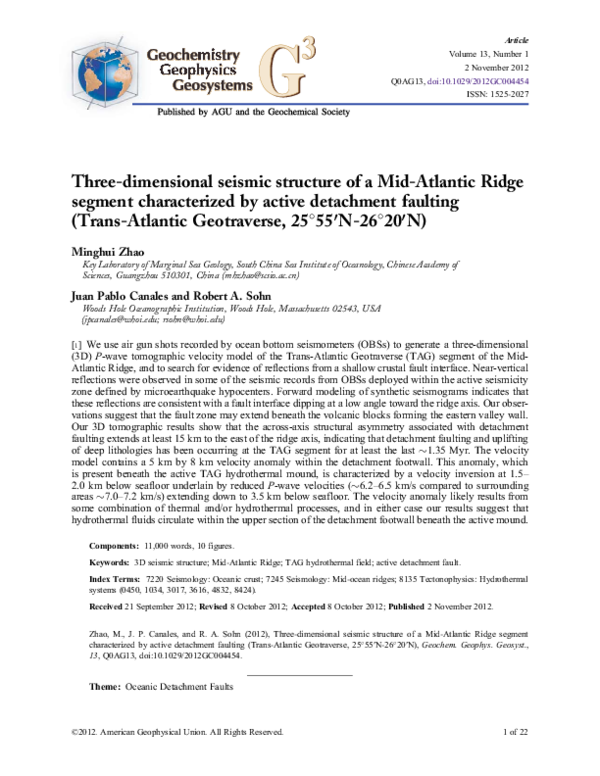 (PDF) Three‐dimensional seismic structure of a Mid‐Atlantic Ridge ...