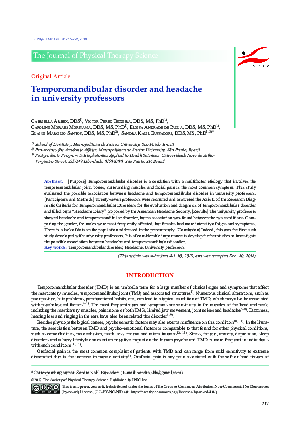 (PDF) Temporomandibular disorder and headache in university professors