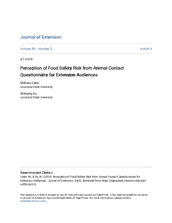 (PDF) Perception of Food Safety Risk from Animal Contact Questionnaire ...