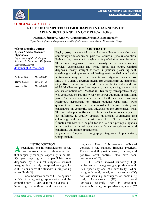(PDF) Role of Computed Tomography in Diagnosis of Appendicitis and Its ...