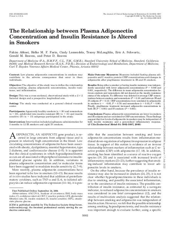 (PDF) The Relationship between Plasma Adiponectin Concentration and ...