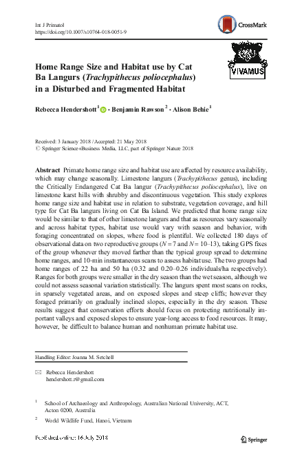 (PDF) Home Range Size and Habitat use by Cat Ba Langurs (Trachypithecus ...