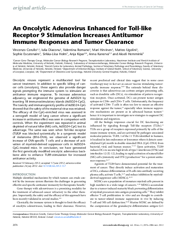 (PDF) An Oncolytic Adenovirus Enhanced for Toll-like Receptor 9 ...