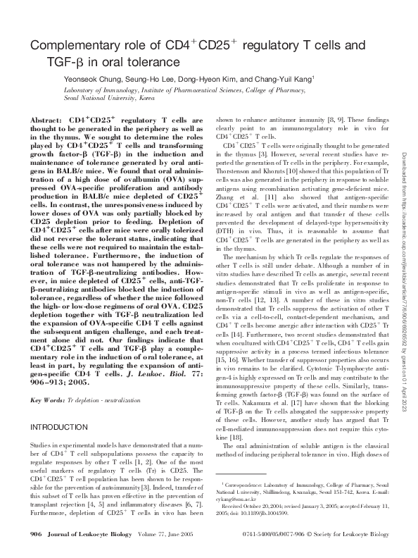 (PDF) Complementary role of CD4+CD25+ regulatory T cells and TGF-β in ...