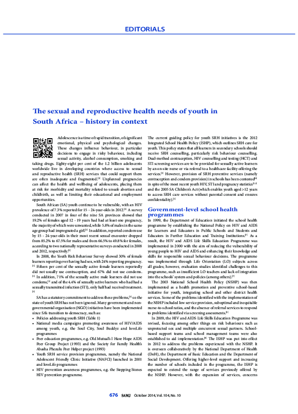 (PDF) The sexual and reproductive health needs of youth in South Africa ...