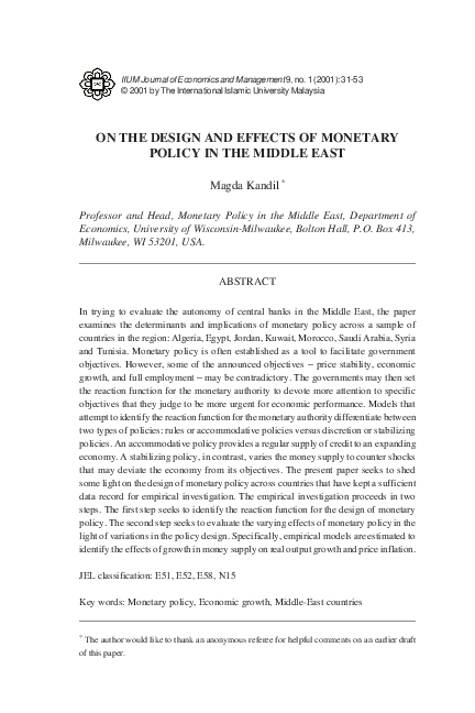 (PDF) On the Design and Effects of Monetary Policy in the Middle East