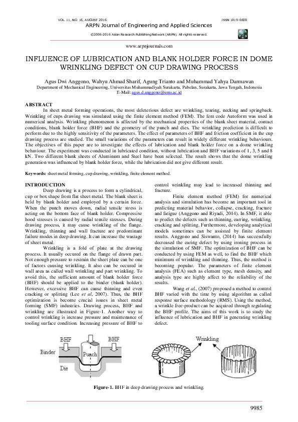 (PDF) Influence of Lubrication and Blank Holder Force in Dome Wrinkling Defect on Cup Drawing