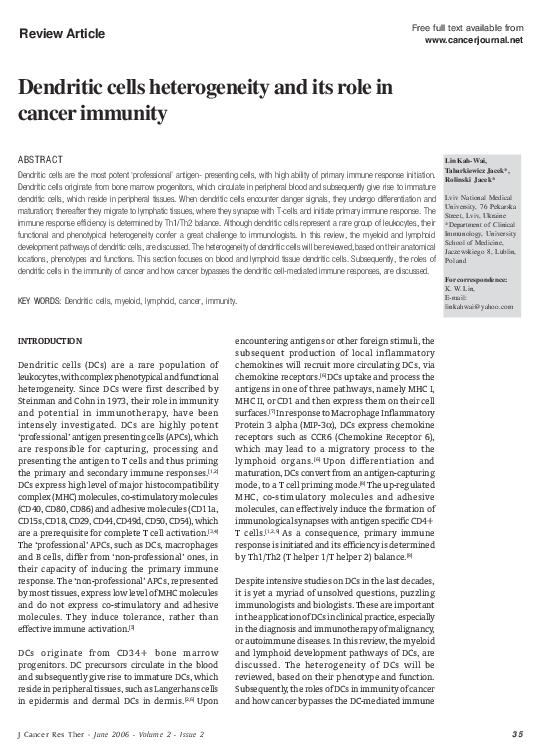 Pdf Dendritic Cells Heterogeneity And Its Role In Cancer Immunity