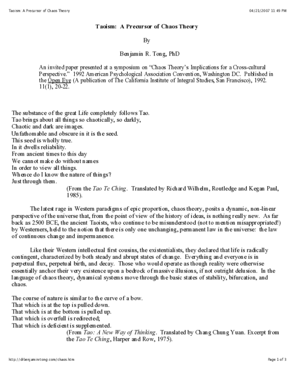 (PDF) Taoism: A Precursor of Chaos Theory (1992)