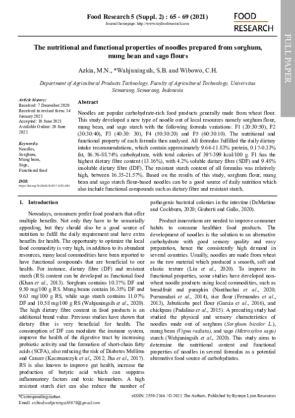 (PDF) The nutritional and functional properties of noodles prepared ...