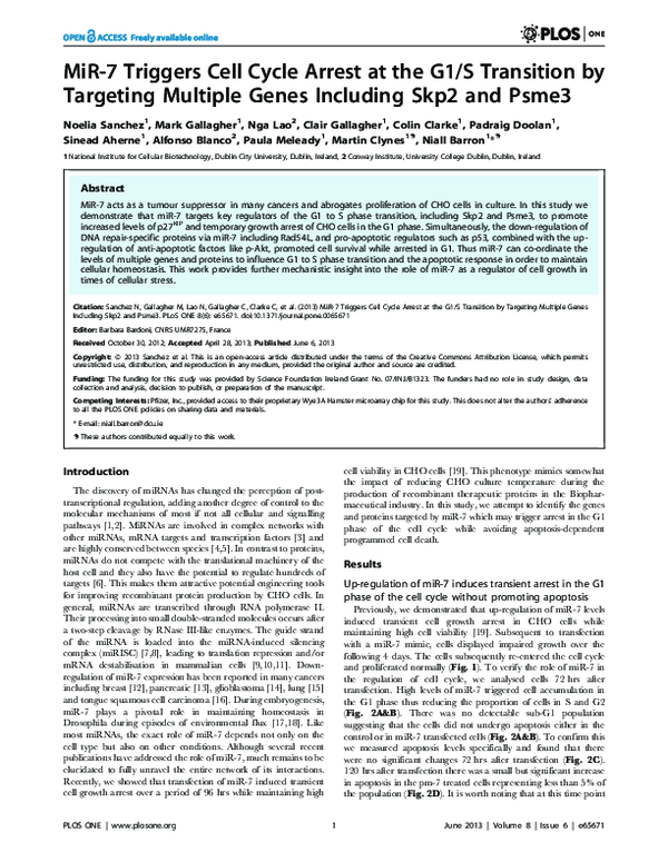 (PDF) MiR-7 Triggers Cell Cycle Arrest at the G1/S Transition by ...
