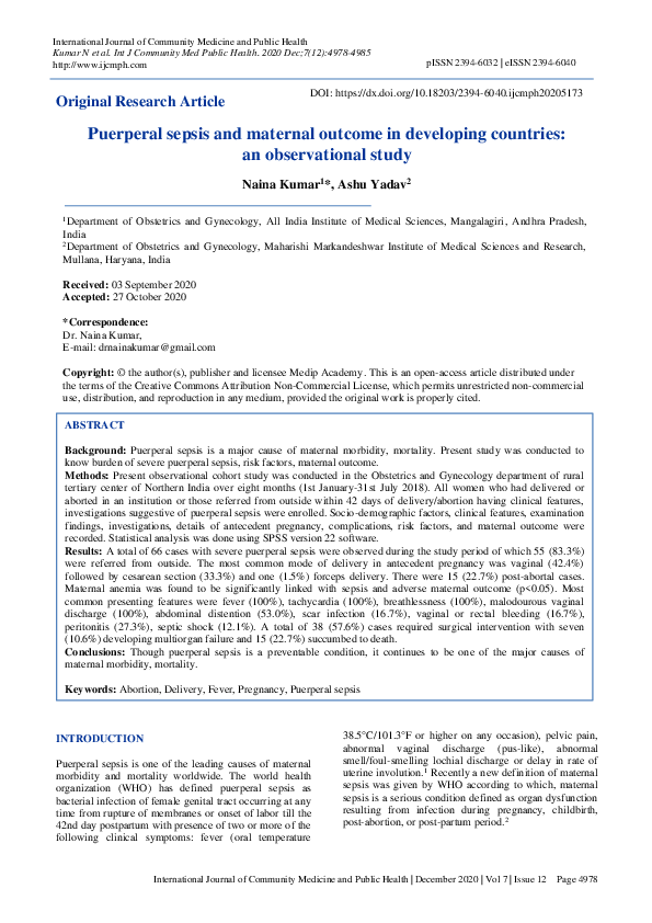 (PDF) Puerperal sepsis and maternal outcome in developing countries: an ...