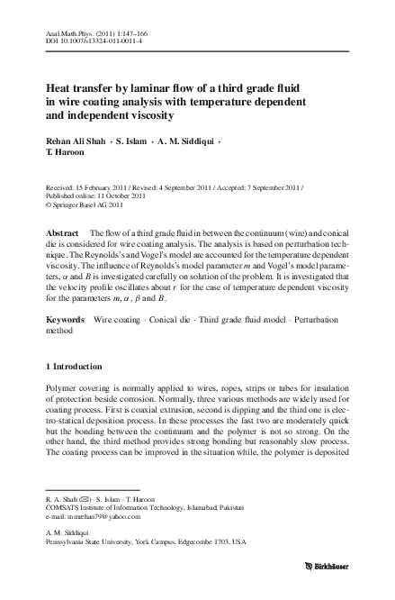 (PDF) Heat transfer by laminar flow of a third grade fluid in wire ...