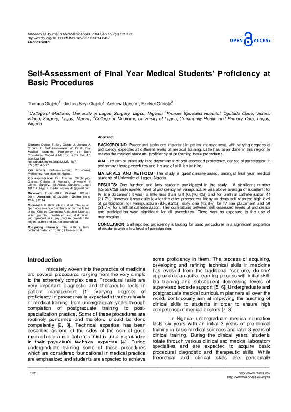 (PDF) SelfAssessment of Final Year Medical Students’ Proficiency at Basic Procedures Andrew