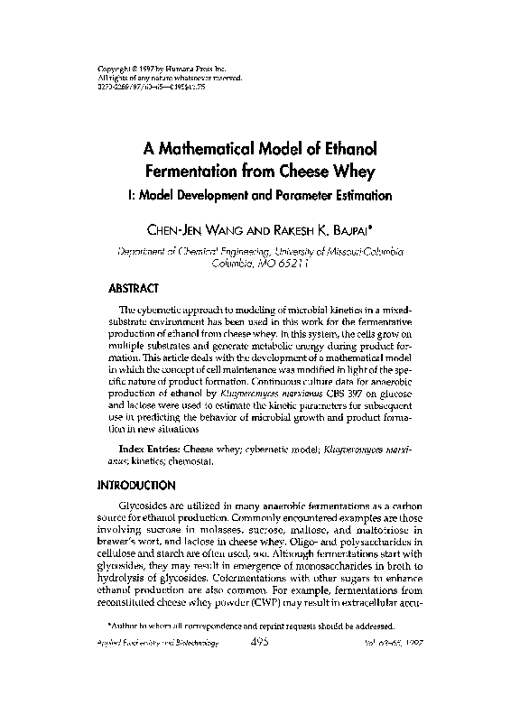 (PDF) A mathematical model of ethanol fermentation from cheese whey