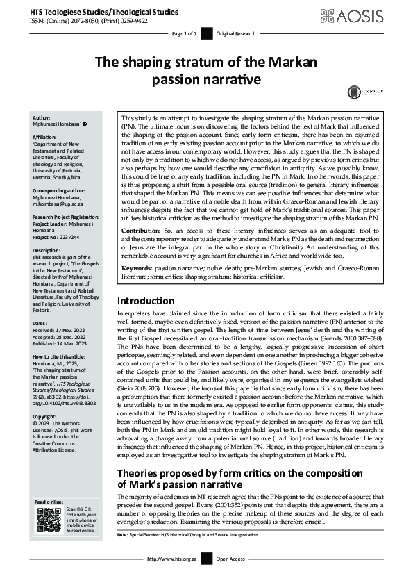 (PDF) The shaping stratum of the Markan passion narrative