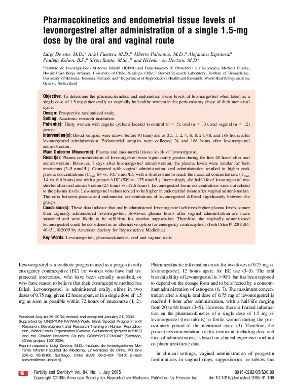 Pharmacokinetics and endometrial tissue levels of levonorgestrel after administration of a single 1.5-mg dose by the oral and vaginal route